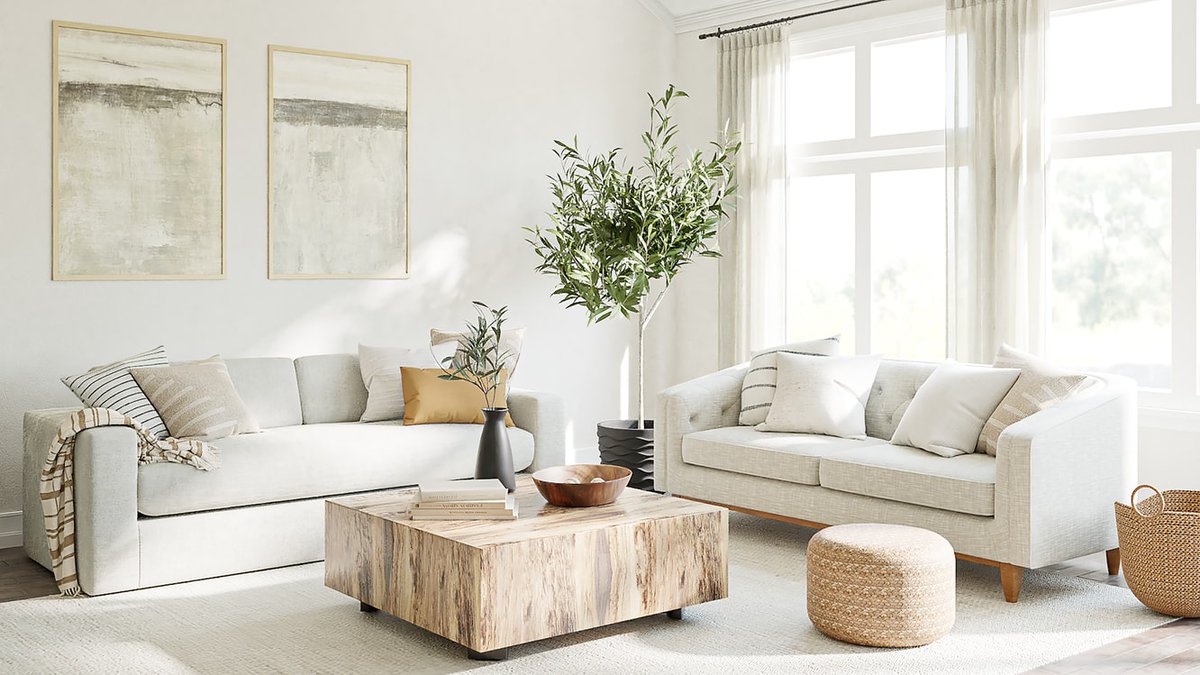 FastframeUSA's tweet photo. How soothing is this neutral living space? We ♥️ the soft palette of grays &amp; warm beige combined with natural elements like the wood coffee table, woven grass basket, &amp; fresh greenery. Matching custom-framed art takes the look to the next level.
#framing #neutralstyle #minimalist https://t.co/OEiSrgFamP