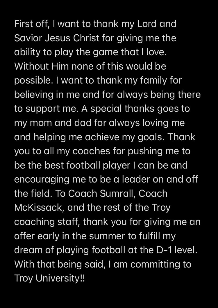 Jackson Worley (@jacksonworley2) on Twitter photo 100% COMMITTED!! ⚔️⚔️⚔️ #RiseToBuild #OneTROY
<a href="/CoachJonSumrall/">Jon Sumrall</a> <a href="/EvanMckissack/">Evan Mckissack</a> <a href="/CoachCraddock/">Joe Craddock</a> <a href="/TroyTrojansFB/">Troy Trojans Football 8x⚔️</a> <a href="/TroyRecruiting/">Troy Football Recruiting ⚔️</a> <a href="/TKALions/">The King’s Academy Athletic Dept.</a> <a href="/EraPrep/">New Era Prep</a> <a href="/emilee_smarr/">Emilee Smarr</a> <a href="/PrepRedzoneFL/">Prep Redzone Florida</a> <a href="/Rivals/">Rivals</a> 100% COMMITTED!! ⚔️⚔️⚔️ #RiseToBuild #OneTROY
<a href="/CoachJonSumrall/">Jon Sumrall</a> <a href="/EvanMckissack/">Evan Mckissack</a> <a href="/CoachCraddock/">Joe Craddock</a> <a href="/TroyTrojansFB/">Troy Trojans Football 8x⚔️</a> <a href="/TroyRecruiting/">Troy Football Recruiting ⚔️</a> <a href="/TKALions/">The King’s Academy Athletic Dept.</a> <a href="/EraPrep/">New Era Prep</a> <a href="/emilee_smarr/">Emilee Smarr</a> <a href="/PrepRedzoneFL/">Prep Redzone Florida</a> <a href="/Rivals/">Rivals</a>