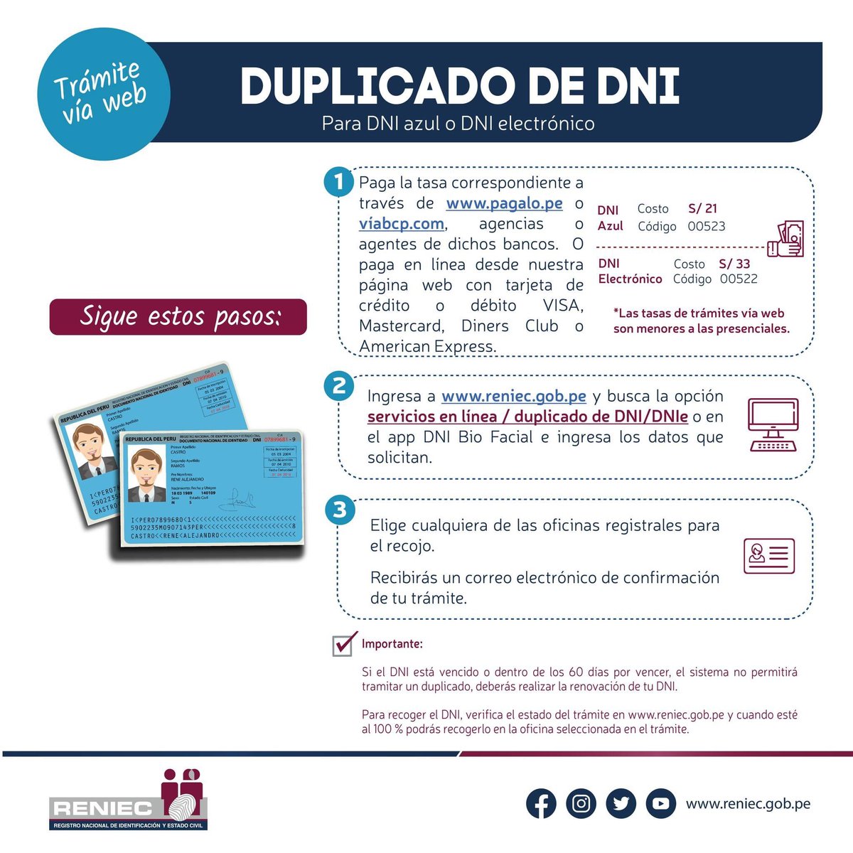 ReniecPeru's tweet photo. ¿Se perdió tu DNI? Descuida, puedes tramitar un duplicado vía web en este link https://t.co/uMcNRNfazQ siguiendo los pasos de la gráfica. 

▶️ Paga la tasa.
▶️ Valida tu información.
▶️ Elije el local de recojo. https://t.co/AqoXQ2WWjl