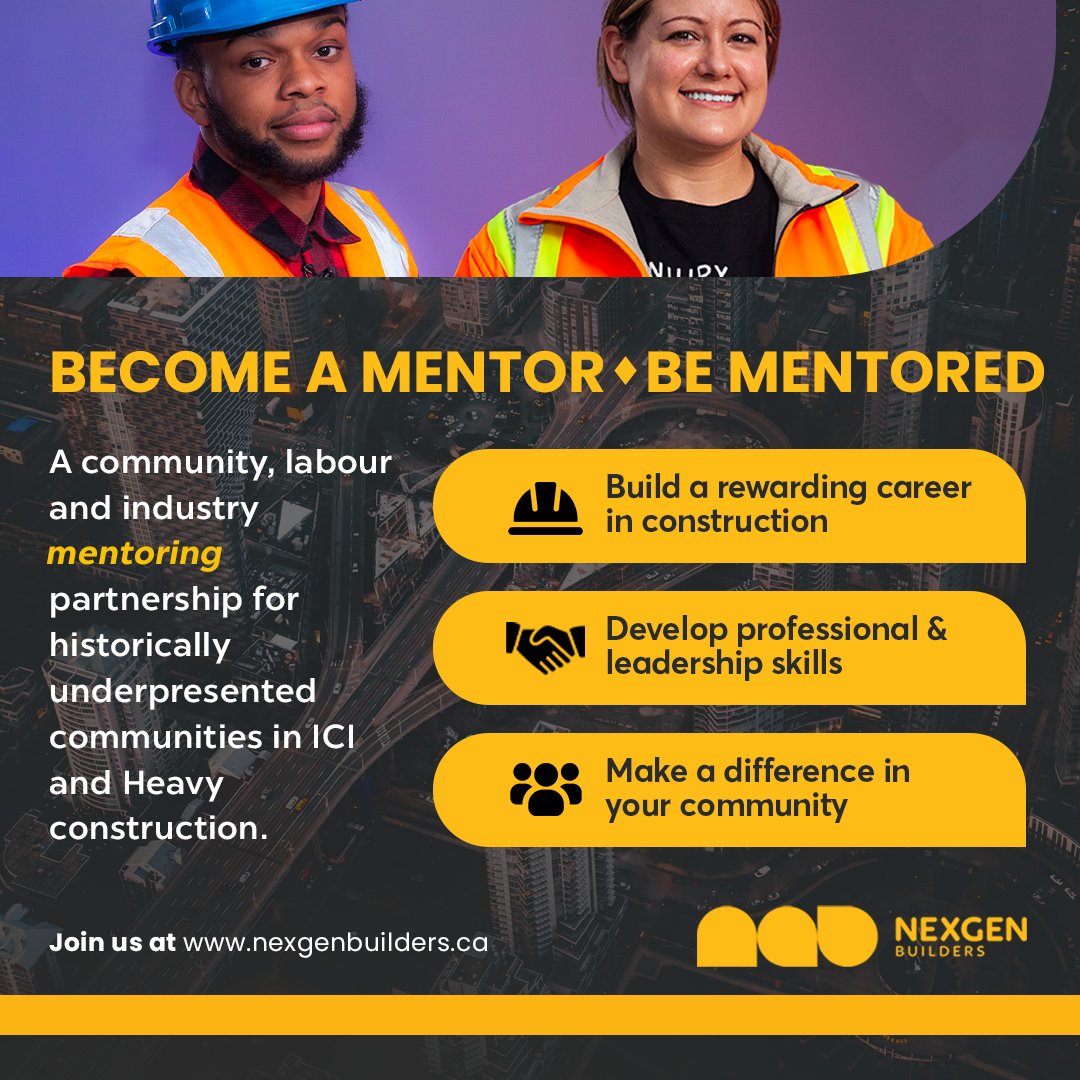 TCBN_TO's tweet photo. Join the NexGen Builders program as a Mentor or Mentee.  Program participants will build a rewarding career in construction, develop professional &amp; leadership skills, while making a difference in the community. Reserve your spot and share with your network https://t.co/i49aD0cxY5 https://t.co/NQYfgbfDaq
