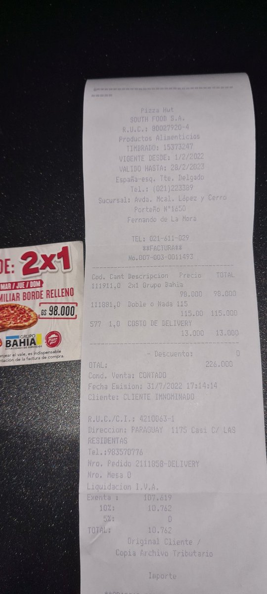 No dejen engañar por esta promoción por que <a href="/pizzahutpy/">Pizza Hut Paraguay</a>  igual te cobra por el vale.... cuando reclamas te dice que en realidad la pizza (que se limita a jamón y queso) es 110 mil cada una. 
Pero por otro lado te ofrece una promoción de 2x1 por 115 que es super.