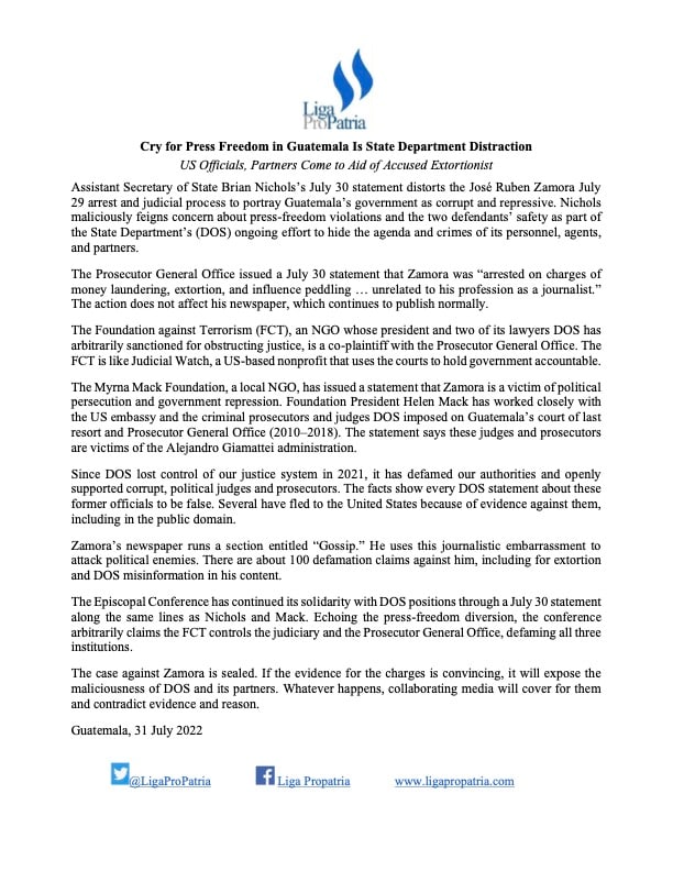 <a href="/StateDept/">Department of State</a> use "freedom of speech" as a distractor. Truth is a thorough investigation triggered the arrest of Guatemalan journalist <a href="/ChepeZamora/">#ZamoraLibre #FreeJRZ</a> for money laundering charges. This case has nothing to do with freedom of the press <a href="/nytimesworld/">New York Times World</a> <a href="/washingtonpost/">The Washington Post</a> <a href="/MaryAnastasiaOG/">MaryAnastasiaO'Grady</a>