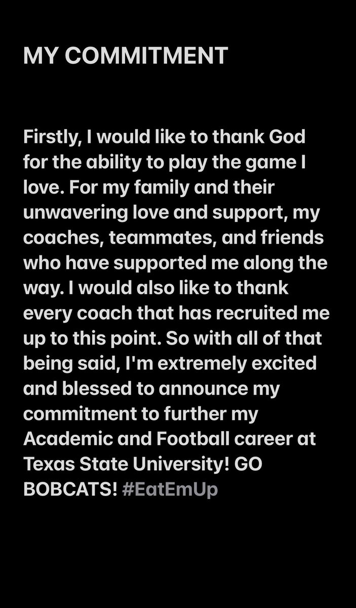 O6Torey's tweet photo. I’m committed to Texas State University! #GoBobcats#EatEmUp @SheIsMrsAndrew1 @soneworleansbra @CoachFlemTXST @JakeSpavital @Coach_Bonis https://t.co/wDGKrGuBD8