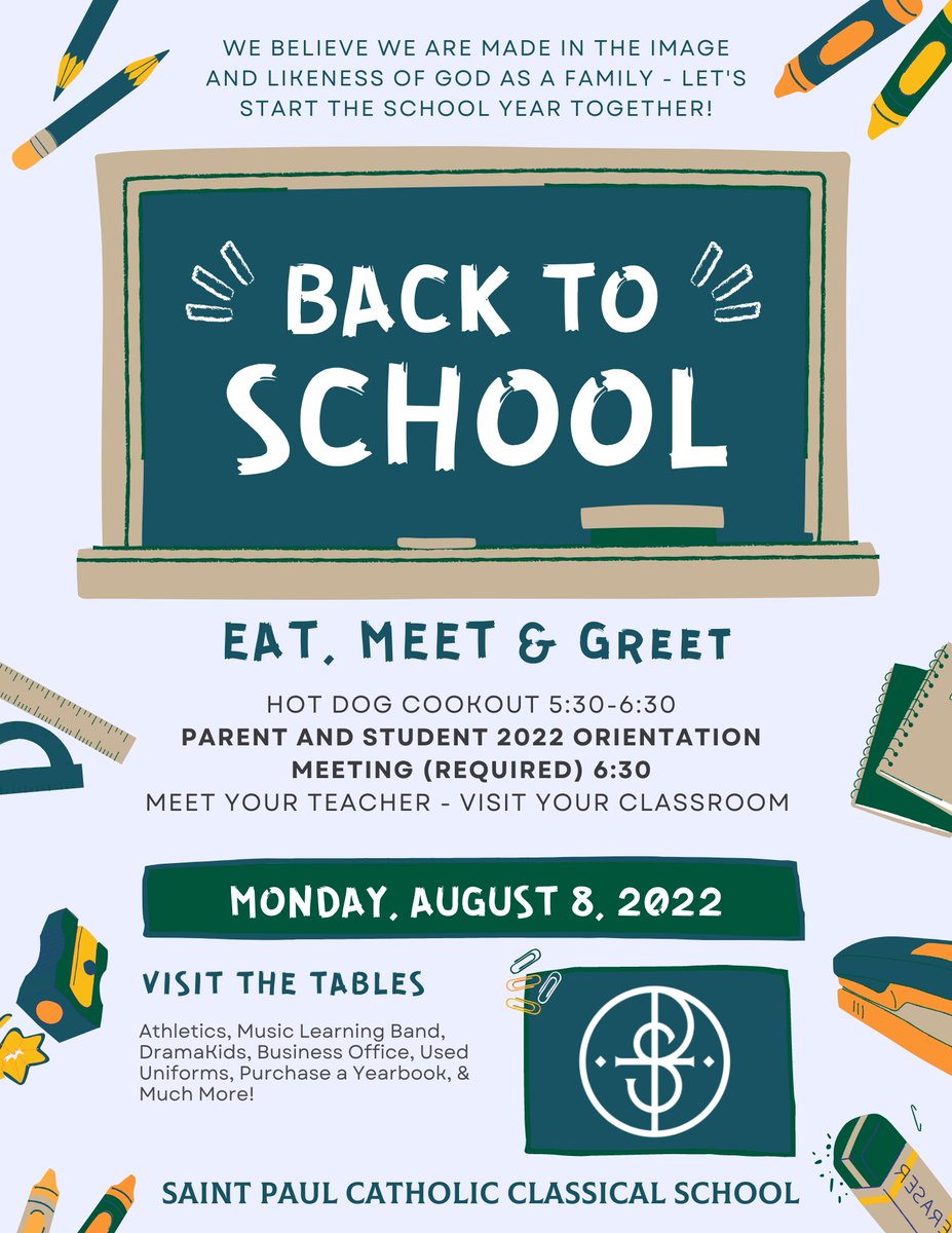 spsdfw's tweet photo. See you at Back to School Night - Eat, Meet and Greet! 
#spccs #faithwisdomvirtue #backtoschool #meetyourteacher https://t.co/gg2eX1mehv