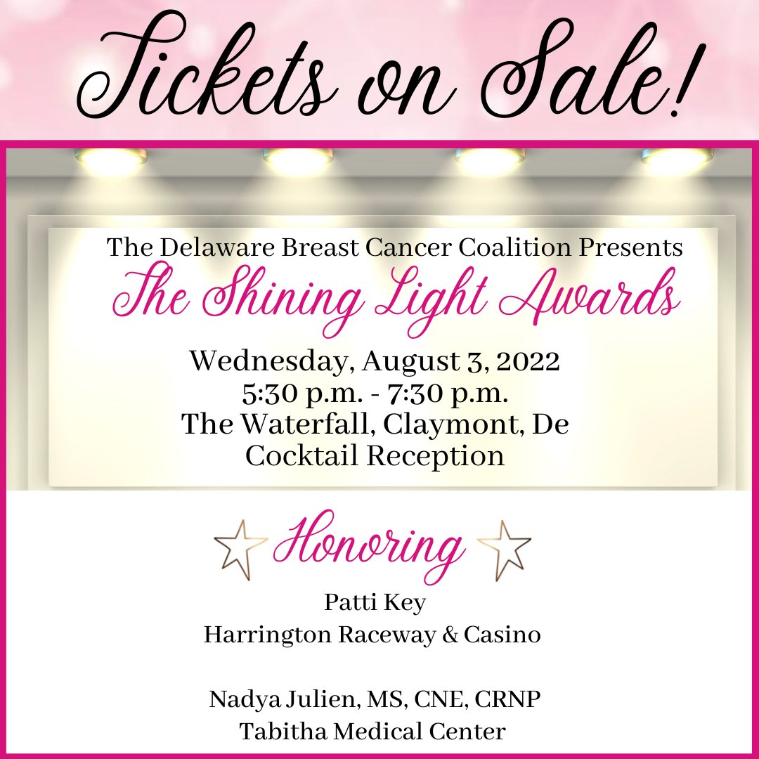 Join us for the 2022 Shining Light Awards on August 3! This year's reception will honor Patti Key and Harrington Raceway &amp; Casino and Nadya Julien MS, CNE, CRNP and Tabitha Medical Center. Tickets and sponsorships are available at dbcc.ejoinme.org/SLA22. 🌟🌟