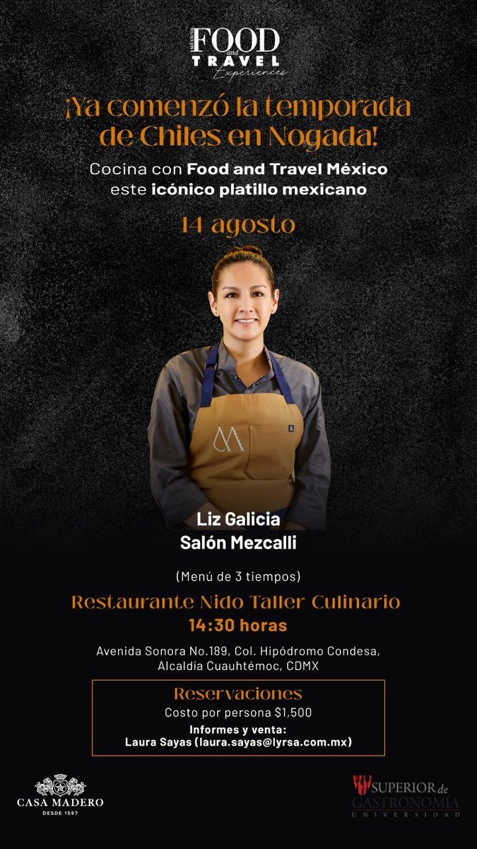 Este domingo 14 de agosto, la chef <a href="/liz_galicia/">liz galicia</a> cocinará su receta de chiles en nogada y presentará un menú de 3 tiempos en Nido Taller Culinario, al interior del <a href="/csgastronomia/">Superior Gastronomia</a>. ¡Asiste!

Reservaciones: laura.sayas@lyrsa.com.mx