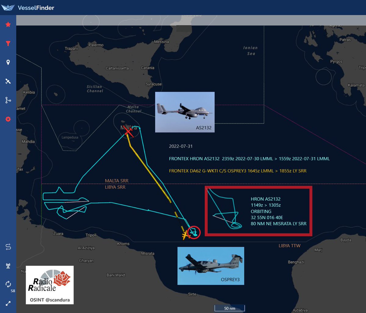 scandura's tweet photo. Today in area๐ข
2022-07-31
1855z โฑ๏ธ 20:55 CEST
SAR busy
๐ฉ๏ธ Frontex ๐ช๐บ #DA62 G-WKTI by DEA Ltd ๐ฌ๐ง c/s #OSPREY3 is making a second mission ๐ over the same area of the ๐ฉ๏ธ Frontex ๐ช๐บ HRON #AS2132 ๐ฒ๐น drone (๐ 32 55N 016 40E / 80 NM NE Misrata).
#migrants #Libya #migranti #Libia https://t.co/MT3bjMqxlS