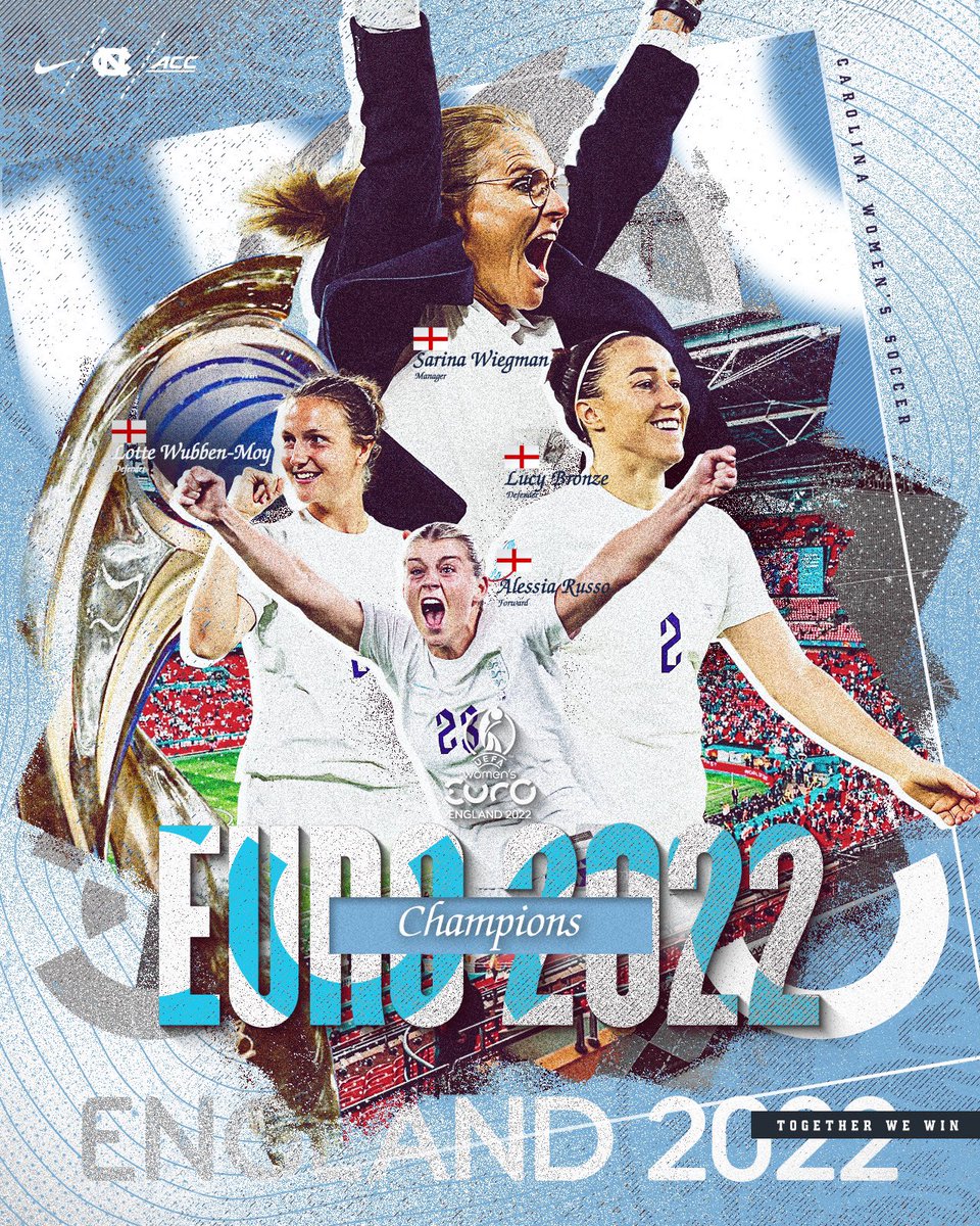 uncwomenssoccer's tweet photo. Foursome of Tar Heels lead England to the @WEURO2022 championship. Congratulations to @alessiarusso7 @LucyBronze @lottewubbenmoy and coach @sarinawiegman. We are so proud of you!

#GoHeels x #WEURO2022 https://t.co/mju0gBTv5c