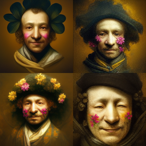 Maya_Fraser_'s tweet photo. Here's a comparison between #craiyon and #MidjourneyAI with the same prompt, "Rembrandt flower face". The faces on Midjourney are much less distorted, and are overall disturbingly perfect, but the painting style looks less like Rembrandt to me. https://t.co/LAiCmPj8RN