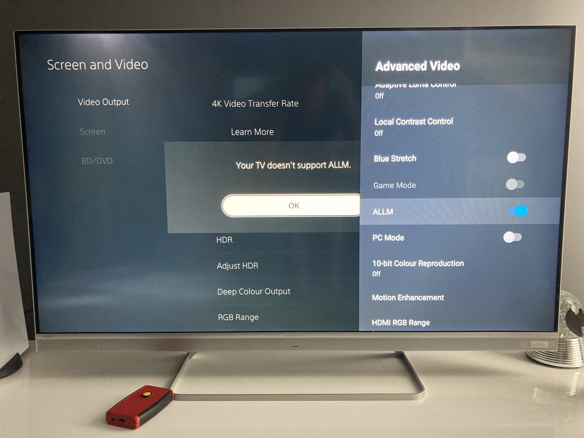 darkohlusicka's tweet photo. Interesting - PS5 stating that connected TV (@Sharp_Europe EQ4 series) doesn’t support ALLM while the setting is available and enabled in TV’s menus… #ps5 #allm #sharptv #techworkinggreat https://t.co/KI3sQUqJKw