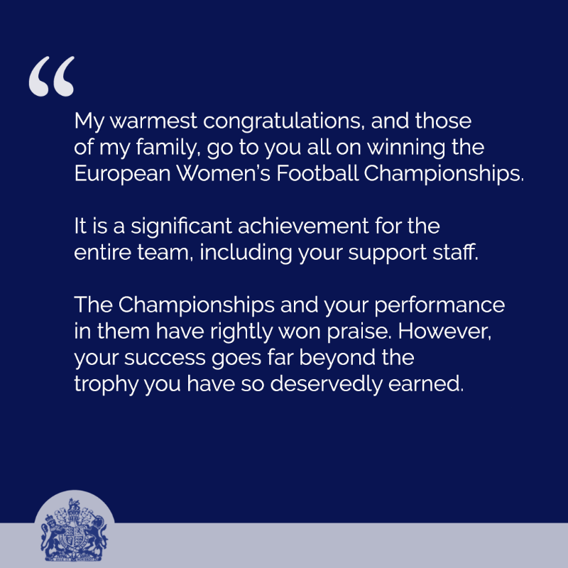 RoyalFamily's tweet photo. “Your success goes far beyond the trophy you have so deservedly earned.

“You have all set an example that will be an inspiration for girls and women today, and for future generations.”

🏴󠁧󠁢󠁥󠁮󠁧󠁿 🏆 The Queen has sent a message of congratulations to the @Lionesses: