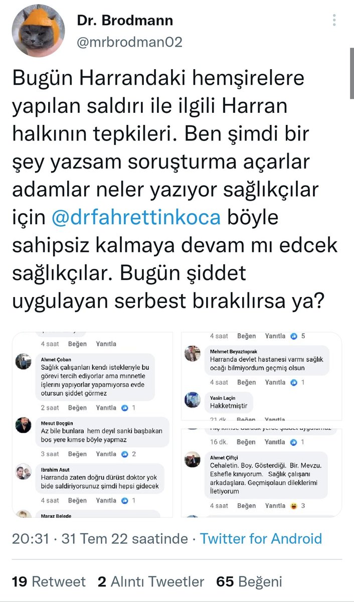 Hemşirelerimizin saldırıya uğramasıyla bir hekimin saldırıya arasında hiçbir fark yoktur @drfahrettinkoca. Bu olaydan haberiniz var mı! Ayrıca 39 ysp yi kınıyorum, hekim düşmanlığı yapacağınıza bu vandallığa karşı durun!