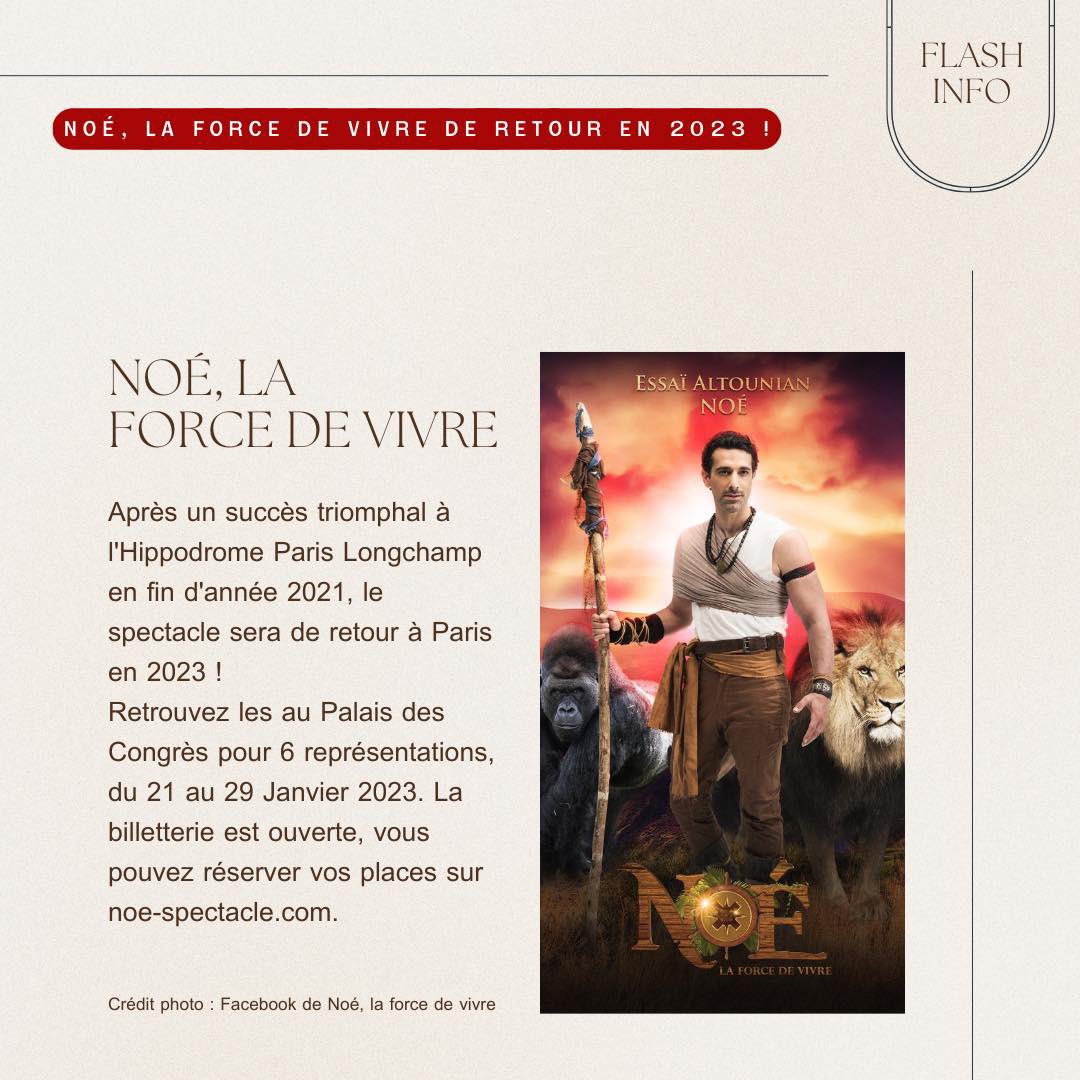 FanMusicaleC's tweet image. [FLASH INFO] 📢

Un autre spectacle s’apprête à faire son retour, il s’agit de Noé, la force de vivre ! En effet, les réservations sont ouvertes du 21 au 29 janvier 2023 au Palais Des Congrès de Paris.

Alors, vous êtes tenté d’y aller ? 😁