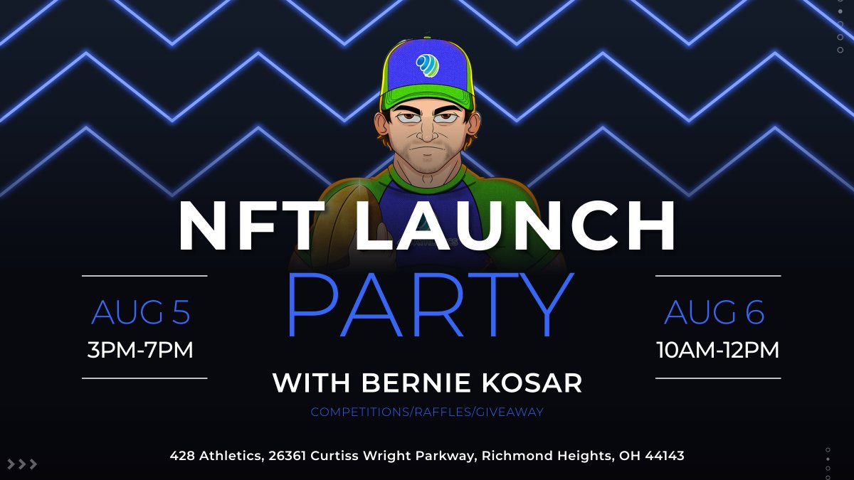 Come over to <a href="/428Athletics/">428 Athletics</a> and celebrate with NFL legend <a href="/BernieKosarQB/">Bernie Kosar</a> 🏈 🎉

Purchase a unique #NFT and bring any item of your choice to be personally signed✍️

Look forward to competitions, raffles, and giveaways &amp; enjoy our drinks and food 🍽

#UMatter #KosarCollection