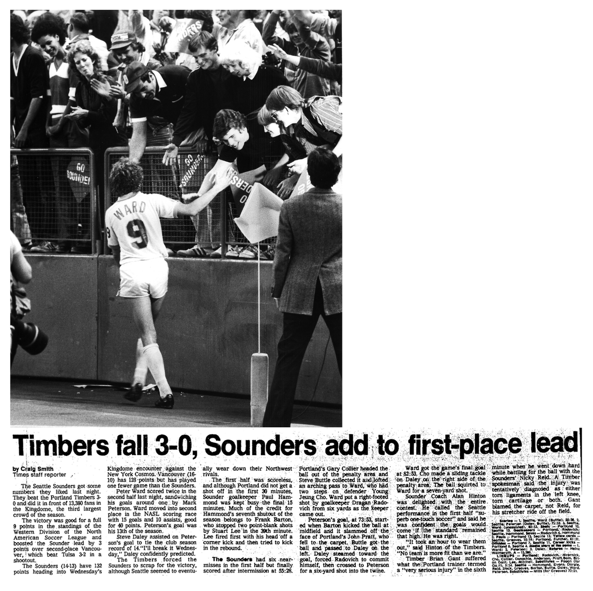 WA_Legends's tweet photo. Sounders (14-13) march on, wearing down Timbers  behind Peter Ward's two second-half goals. Those are 4th and 5th for Ward against Portland in 8 days. Crowds are beginning to return and next up: Cosmos. #OTD 1982 #TimeMachineSounders1982 https://t.co/k2vjWr411r