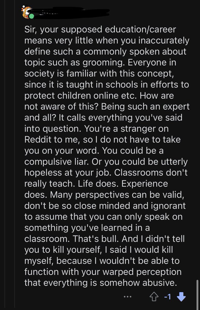 MaybeAlecRay's tweet photo. Just some of the replies to me explaining to a girl that her step brother is grooming her for sexual abuse. This is all despite being upfront that I work heavily with sexual predators and using peer reviewed sources to explain what grooming is and how he’s doing it to her. https://t.co/mKVfDIqdXs