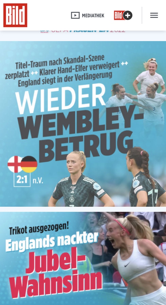 SwissRamble's tweet photo. The German media seem to be taking defeat well 🙂

“Title dream shattered after a scandalous scene.
Clear handball penalty refused.
Wembley fraud again” https://t.co/IgjZ1PJzZW