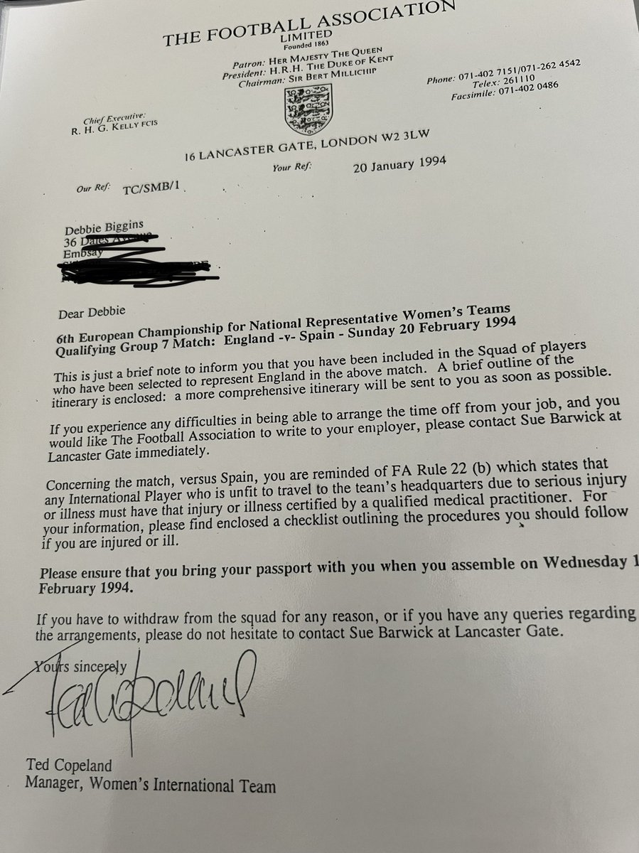 debbiebiggins's tweet photo. I’ll never forget the pride I felt when I got this letter, but top women players had to pay to play & sacrifice so much. Now the @Lionesses have changed the future of womens football forever. Inspirational!!! #euro22final #Lionesses https://t.co/k0Oh0Ldtgb