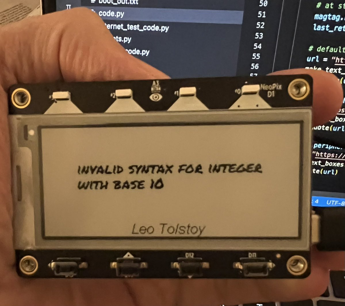 realberthayes's tweet photo. Todayโs project is an #IoT fridge magnet - the @adafruit #MagTag!
Using #CircuitPython to serve up inspirational quotes - still needs debugging? https://t.co/wNR4OlzqUC