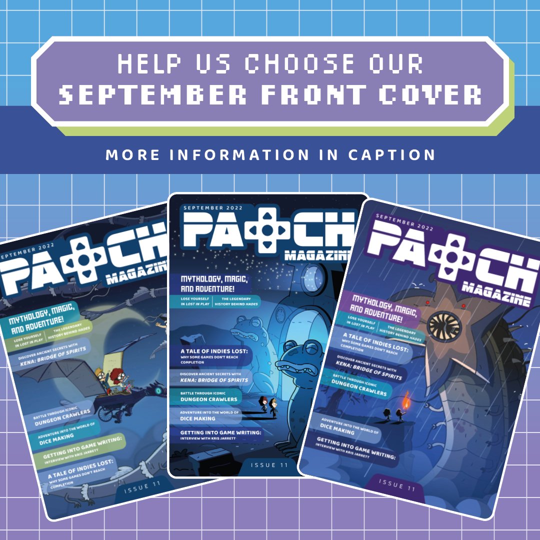 thepatchmag's tweet photo. Help us choose our September cover! The amazing @HappyJuiceGames, the makers of Lost In Play, have designed a whopping three AMAZING possible covers for our September mythology-themed issue. 😍 https://t.co/ggmnyzdIAX