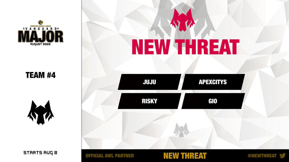 challmegg's tweet photo. 🚨 Danger on the HORIZON

@NewThreat is prepared with a roster that needs no introduction.

Our 4th Partnered Team is ready to rumble for the Vanguard Major starting next week!

#NTNation🐺 | #AWL2022 https://t.co/4bIXXzQTw7