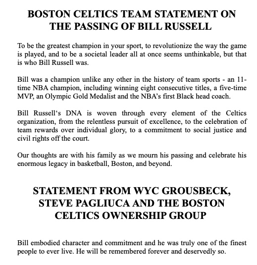 ChrisForsberg_'s tweet photo. "Bill Russell‘s DNA is woven through every element of the Celtics organization." 

The Celtics release statements on the passing of Bill Russell: https://t.co/uipKgnrYhB