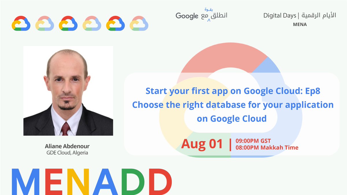 Join us in  the eighth episode From "Start your first app on Google Cloud: Ep8, Choose the right database for your application on Google Cloud " with the expert 
<a href="/alabdelouahab/">ALIANE Abdelouahab</a>
at 9:00 PM Dubai time live:youtu.be/K-g4G3SQvno
#MENADD