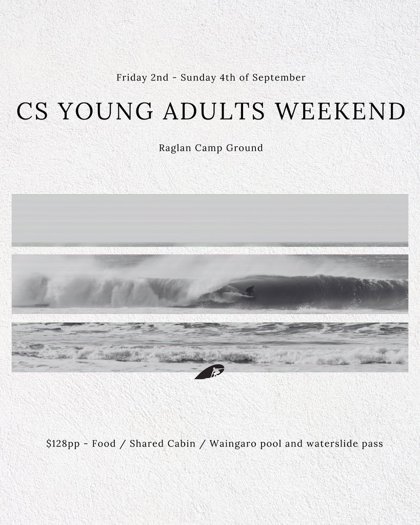 CS_NewZealand's tweet photo. Rego is open for our first Young Adults weekend and you are invited!

It’s going to be an epic time to build community, surf and enjoy all that raglan has to offer.

Head over to our website for more info! https://t.co/NhgGAUzFl2
