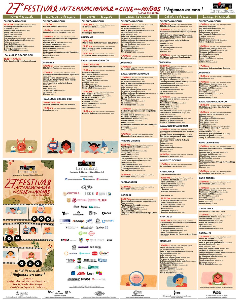 🔸Les compartimos la sábana de programación del #27FICNiñas #27FICNiños, para que agenden su visita a la sede de su preferencia.  ¡Cada vez estamos más cerca! #ViajemosEnCine. 

#FestivalDeLaMatatenaAC #CineParaNiños #Vacaciones #Verano.😀👌🎬✨