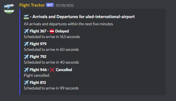 antithises's tweet photo. whipped up a cool bot command that randomly generates an incoming/outgoing flight list (embeds look good when done right!) https://t.co/ZzfHpHpsUB
