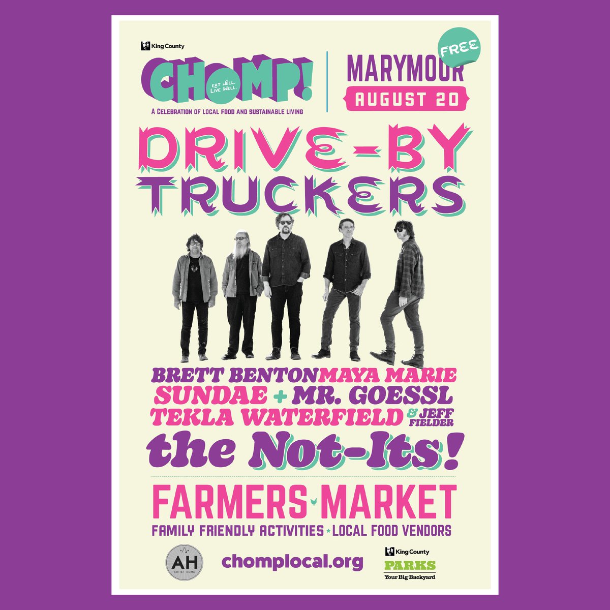 We're 2️⃣0️⃣ days away CHOMP! Join us for a FREE celebration of all that's fresh in King County. 

Featuring:
→ Live music by <a href="/drivebytruckers/">Drive-By Truckers</a> &amp; more
→ Farmers Market
→ Local Food Vendors
→ Family Activities
and more!

More info at chomplocal.org.