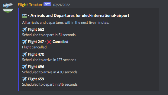 antithises's tweet photo. whipped up a cool bot command that randomly generates an incoming/outgoing flight list (embeds look good when done right!) https://t.co/ZzfHpHpsUB