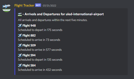 antithises's tweet photo. whipped up a cool bot command that randomly generates an incoming/outgoing flight list (embeds look good when done right!) https://t.co/ZzfHpHpsUB