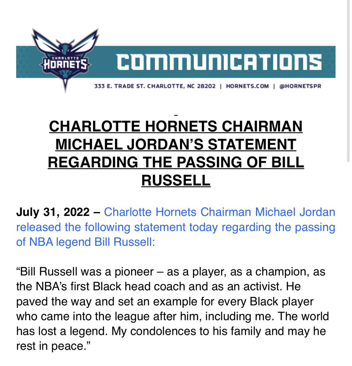 MarcJSpears's tweet image. Statement from Michael Jordan on the passing of Bill Russell