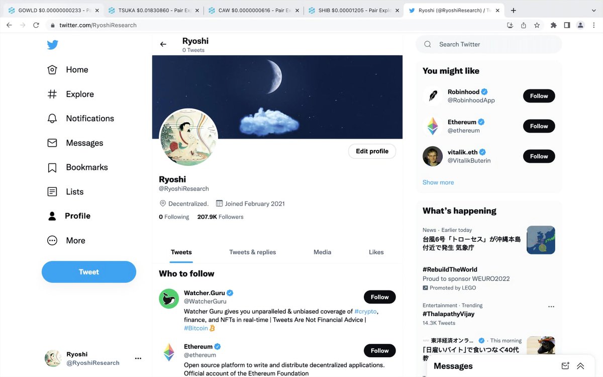THE RETURN OF RYOSHI HIMSELF🚀🌕🌌!!! Legendary Ryoshi (Shiba inu🐕) dev is  now supporting Gowld🦉. Ryoshi has told to his community at Gowld🦉 today,  When time is right, I will tweet Gowld🦉. It