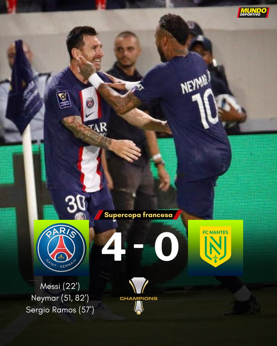 mundodeportivo's tweet photo. 🇫🇷 El PSG gana la supercopa francesa con goles de Messi, Neymar y Sergio Ramos 

🐐 Un nuevo título para Leo https://t.co/aIthgqkQ4f
