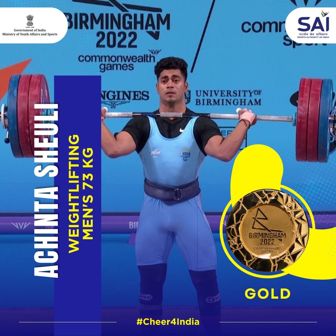 Media_SAI's tweet photo. G🔥LD FOR ACHINTA 🥇

Beaming with confidence, the 20-yr old debutant #AchintaSheuli puts up a dominating performance to bag 3️⃣rd GOLD for 🇮🇳 at @birminghamcg22

Creating Games Record &amp; winning 🥇with a total lift of 313Kg in Men's 73kg 🏋‍♂️Final at #B2022 

#Cheer4India 
1/1 https://t.co/EWpW4uVK7t