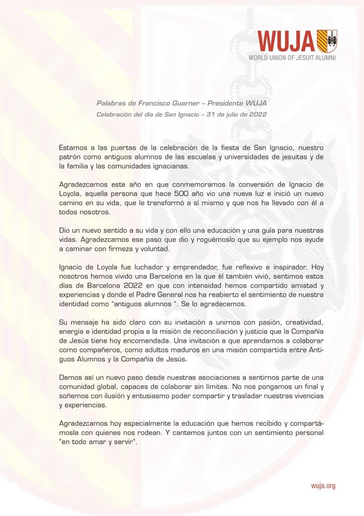 uasialac's tweet photo. Los invitamos a degustar las palabras de nuestro recién electo Presidente de WUJA, Sr. Francisco Guarner. 
¡Un abrazo muy fuerte y un muy feliz día de San Ignacio! 

AMDG

Andrés Ballerino Moeller
Coordinador General UASIALAC
Secretario WUJA

#SanIgnacio #alumnisj #wuja #uasialac https://t.co/Af50jYXmBd