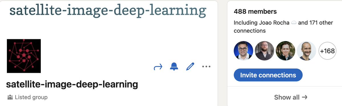 robmarkcole's tweet photo. The satellite-image-deep-learning group is only 12 members shy of 500 members, join here for all my discoveries and updates, and help grow the community! https://t.co/YTMmWRamq9 https://t.co/IhwvF4LD1a