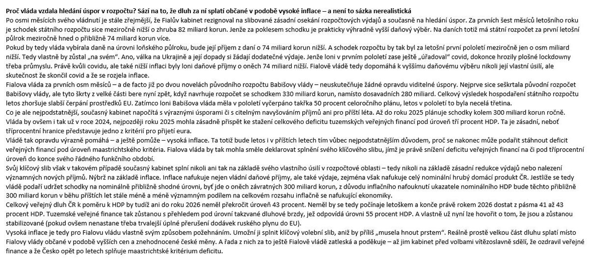 LukasKovanda's tweet photo. ODS by neměla podléhat mýlce, že veřejné finance ČR jsou v rozvratu. Tento politický výrok, na nějž naskočili i někteří ekonomové, pomohl koalici Spolu uspět ve volbách. Posloužil. Není ale pravdivý. Veřejné finance stabilizuje vysoká inflace, není třeba daně z mimořádných zisků. https://t.co/nlELmGJKWi