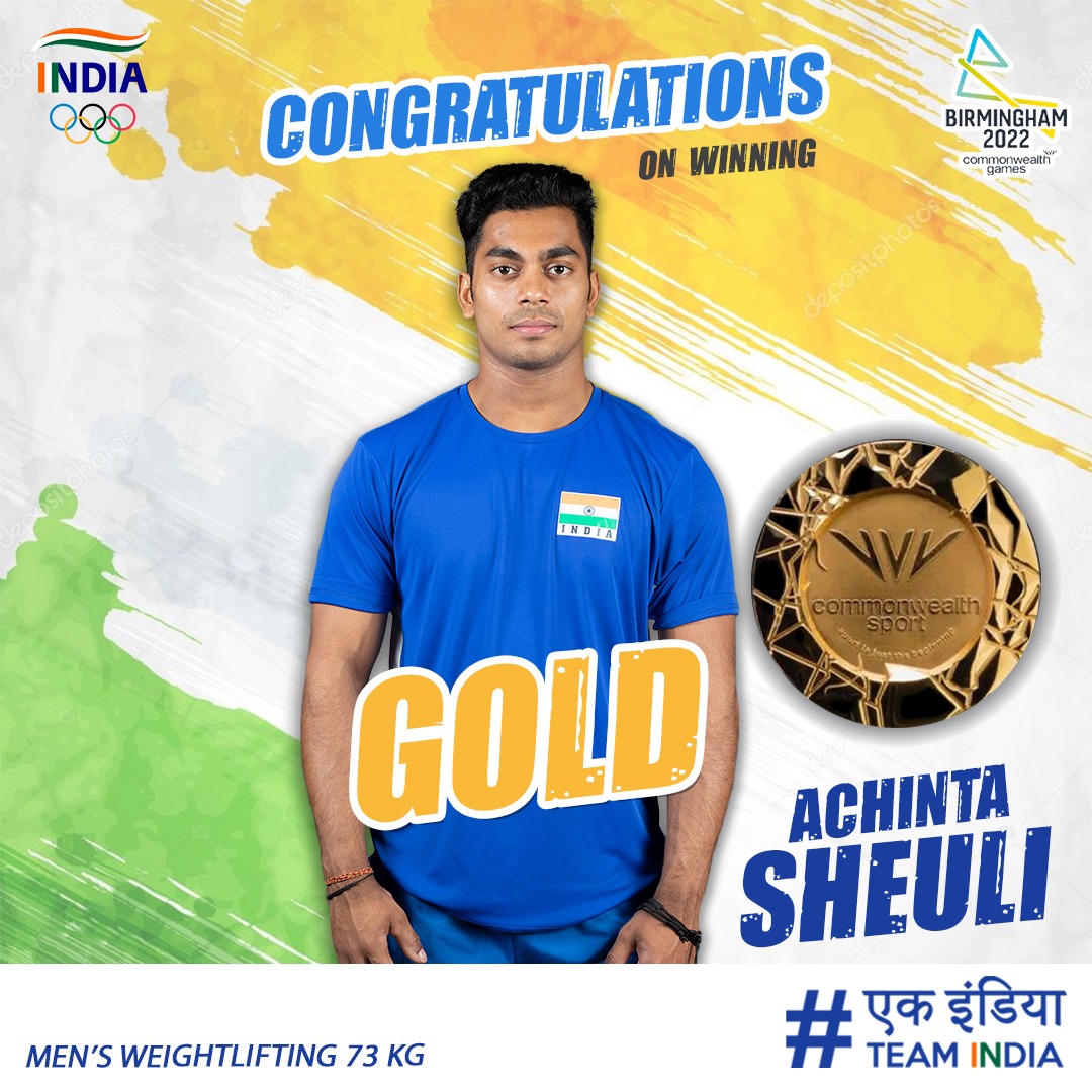 WeAreTeamIndia's tweet photo. 🥇 No. 3 for team 🇮🇳 as #AchintaSheuli wins the 73 KG category in style creating a #gamesrecord at @birminghamcg22 with a total lift of 313 KG.  Unstoppable 💪 ��️ 🎉 🕺 #EkIndiaTeamIndia  #B2022 https://t.co/QsP4hNI4fj