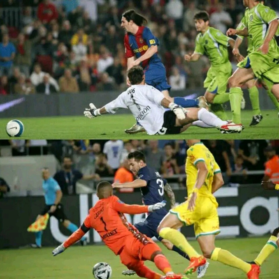 SouTHeE___'s tweet photo. 15 years apart but Messi is still dropping Goalkeepers to the Floor🐐
#LM41 #Messi𓃵 #PSG https://t.co/8Ot5E9jwwF