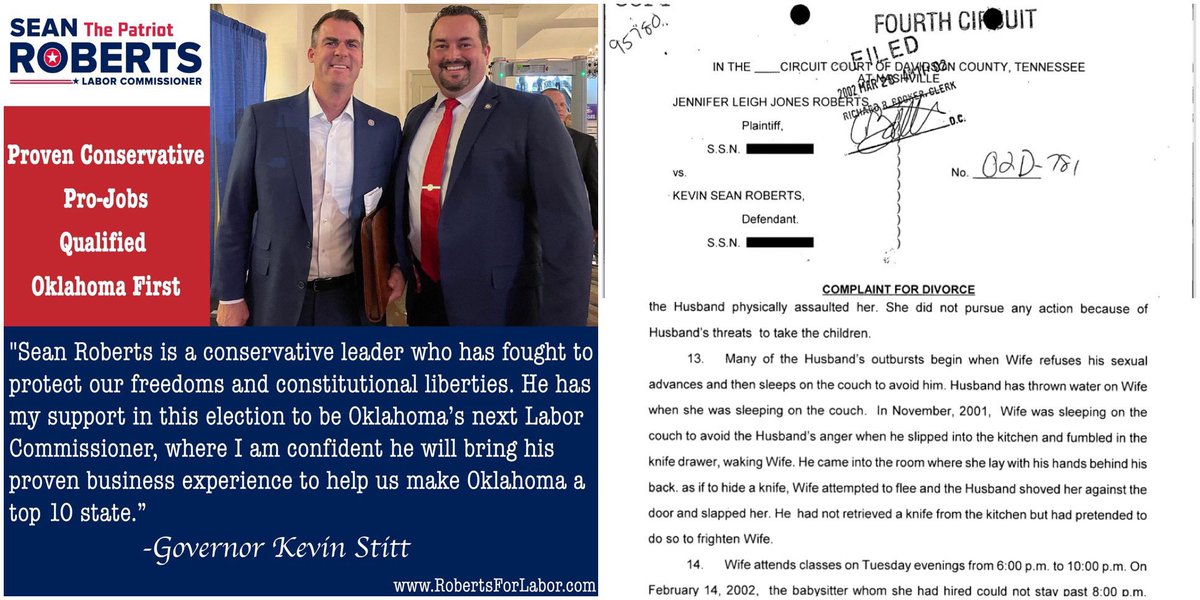 ok4publiced's tweet photo. ‼️BREAKING‼️ @GovStitt endorses candidate Sean Roberts, who physically abused and waterboarded his ex-wife, for labor commissioner. #oklaed #okleg https://t.co/VTCqAZP1Ys