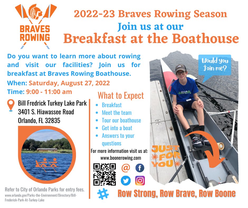 If you are a Boone High School student, join us Saturday August 27 for Breakfast at the Boathouse from 9-11 am. Visit us at boonerowing.com for more information. #RowStrongRowBraveRowBoone
