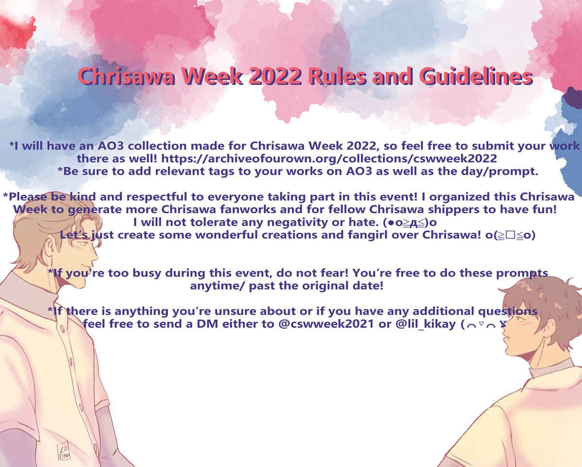 cswweek2021's tweet photo. The Chrisawa Week 2022 prompts are here! Thank you to everyone who voted 🙏💛 I couldn't have narrowed them down without you! 
Hopefully this'll give y'all enough time to create some wonderful works!🤩 
I can't wait to see what y'all create 💛✨️ 
#chrisawa #cswweek2022 https://t.co/Xzi8PO2LuW