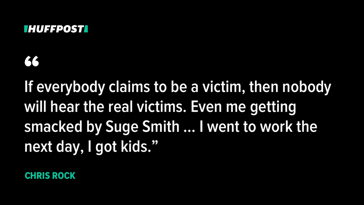 HuffPost's tweet photo. While Rock did not directly address Smith’s heartfelt six-minute video, according to People, he did pass along a pointed message about how “everybody is trying to be a … victim.” https://t.co/T3NIABVaYw https://t.co/smSEGrzSUz