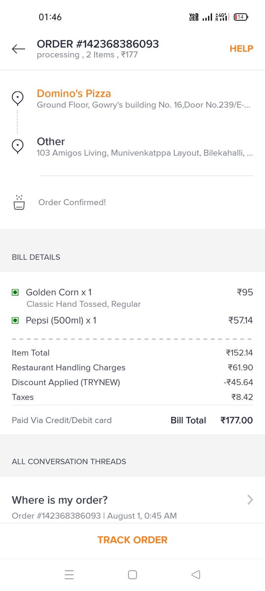 Today I ordered a pizza from <a href="/dominos/">Domino's Pizza</a> from <a href="/Swiggy/">Swiggy</a> at 12 am. What I ordered is golden corn pizza and 1 Pepsi. First i recieved the order at 1:45 am and the order is totally different from what i ordered. The colddrink is like hot as hell. What should I do with this rubber??