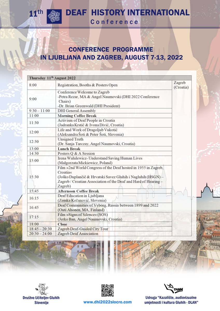 2022DeafHistory's tweet photo. Notice!
The 11th DHI conference is approaching, August 7 - 13. and we look forward to spending time in Ljubljana and Zagreb, with the final one program on the history of the deaf with the theme "Deaf people in the shadow of fractures and breaks in the 20th century. 1917 - 2000." https://t.co/gi0QYuPC4P