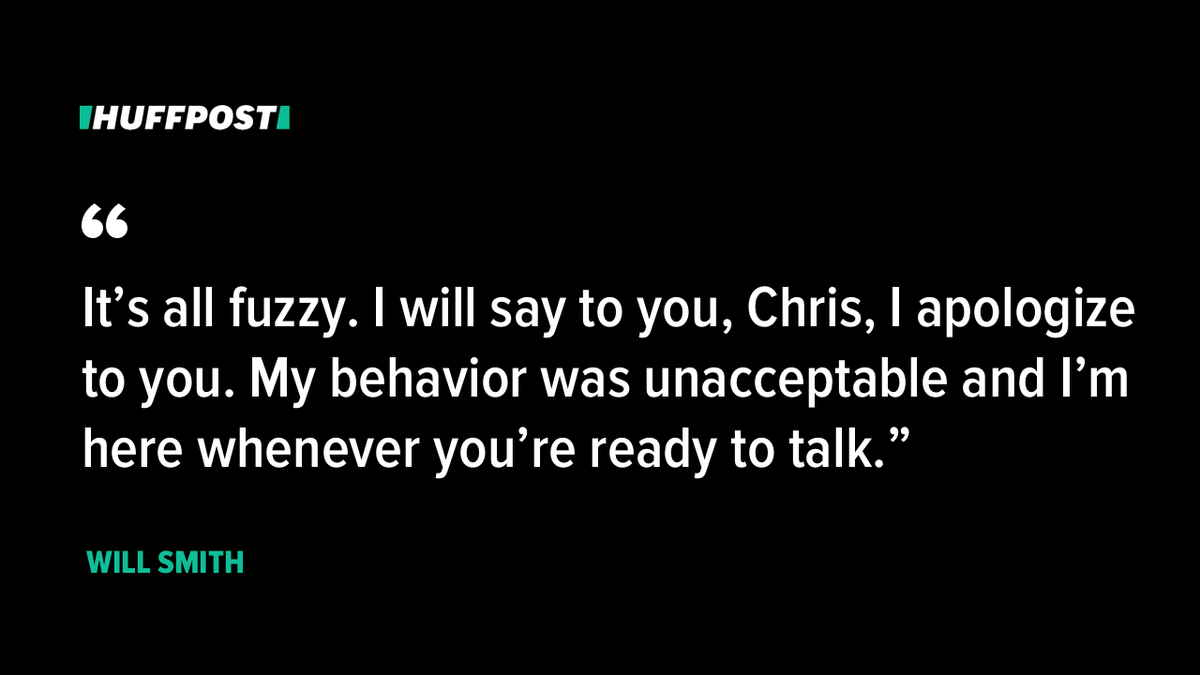 HuffPost's tweet photo. Smith, however, has been more forthcoming. In his recent video, the actor answered a variety of questions about the infamous moment, including about whether he’s reached out to Rock, who he said is “not ready to talk.” https://t.co/T3NIABVaYw https://t.co/UYp6XOUEEf