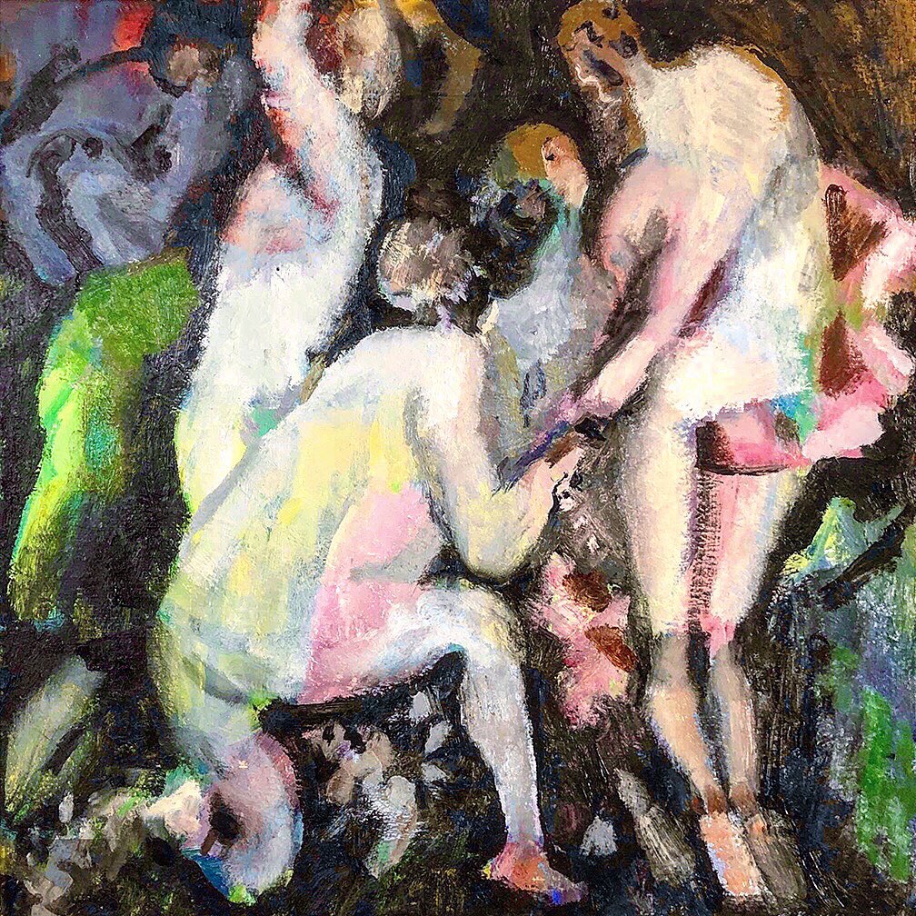 paintwithalexs's tweet photo. I am painting over all these failed square canvases I’ve had around for a while. Still not ready for clowns, much happier with this new arrangement on top of it. #art #painting #bacchanal #wip #pentimenti #justkeeppainting https://t.co/PZWVJhQhxi